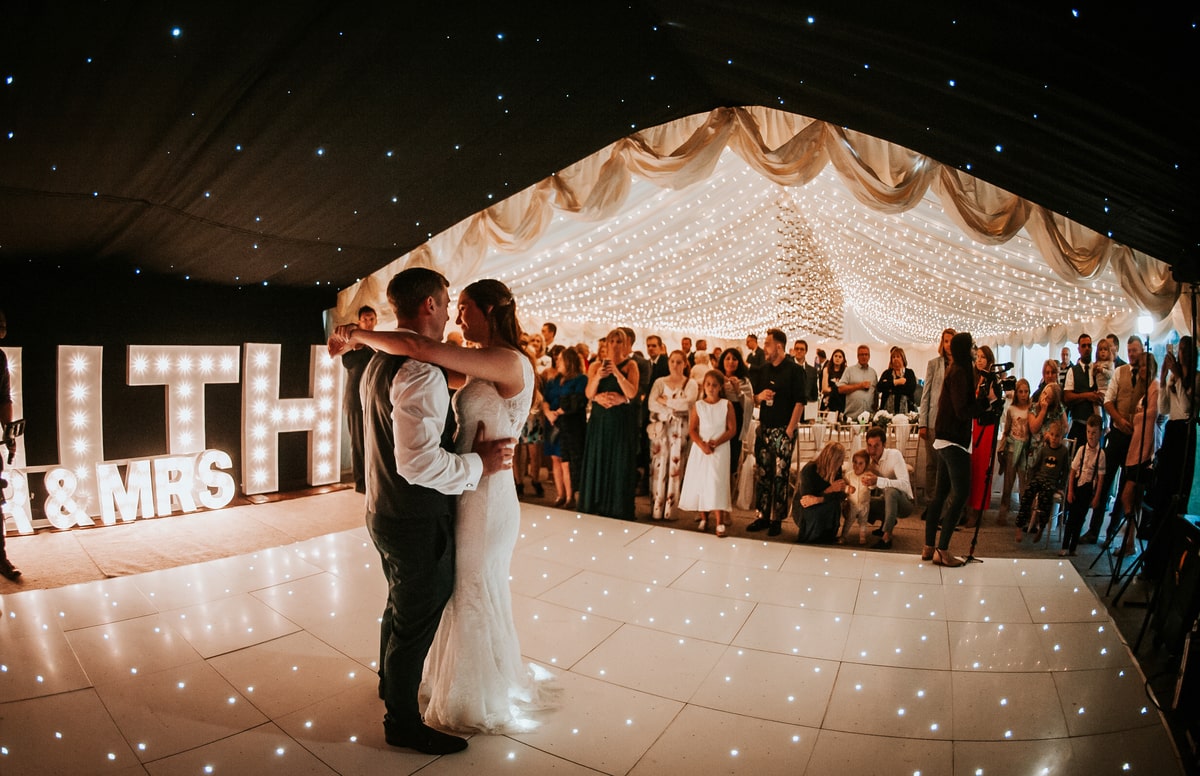 Bride and groom dancing in a clear span marquee from County Marquees East Anglia