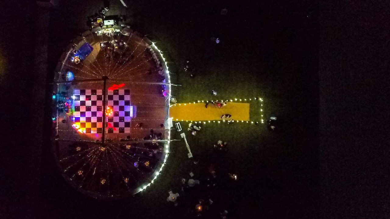 Aerial night time shot of Party marquee by County Marquees East Anglia