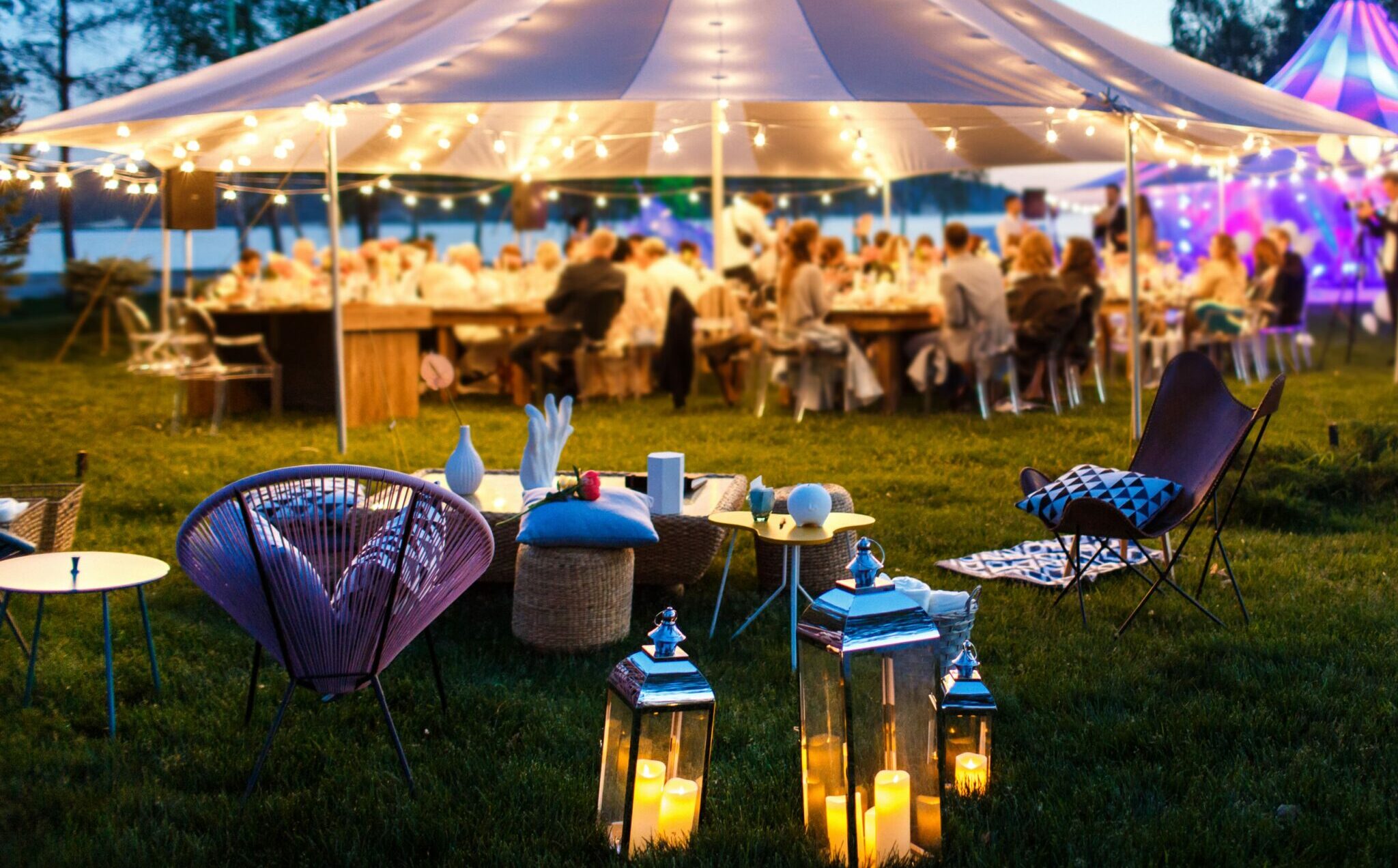 Image of furniture and decoration from event with marquee rental in the background