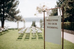 Wedding seating plan setup with marquee and round tables in Essex